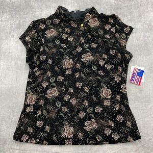 Xscape Top Women Large Black Red Gold‎ Glitter Rose Asian Party Formal USA VTG